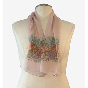Vintage 1950's Sally Gee Silk Sheer Pink Floral Scarf Shawl Hand Rolled 15"x44"
